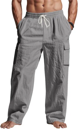 Linen Cargo Pants for Men Summer Casual Elastic Waist Sweatpants Beach Travel Yoga Athletic Pants with Pockets