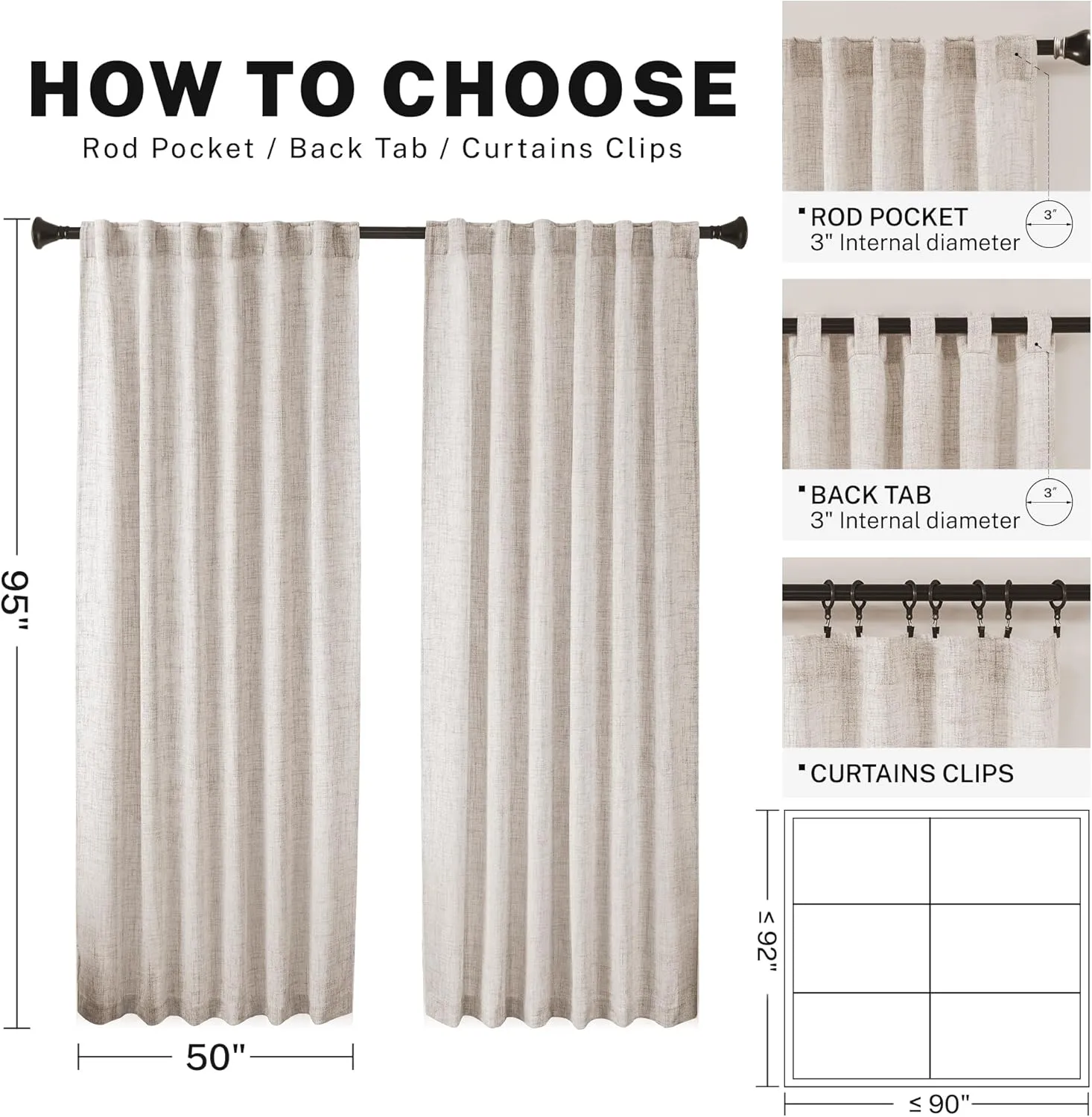 Linen Drapes 95 Inch Long Curtains 2 Panels Set Rod Pocket Back Tab Light Filtering Privacy Window Sheer Curtain Panels for Living Room Bedroom Farmhouse, 50x95 in Long