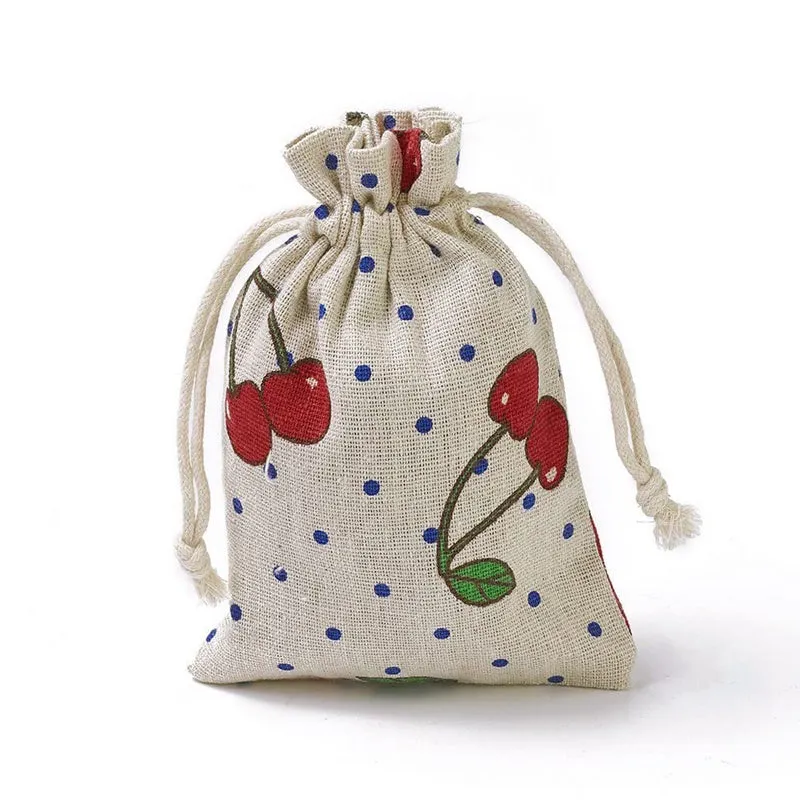 Linen Drawstring Bags Cherry Pattern - 3 Sizes