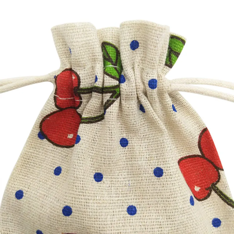 Linen Drawstring Bags Cherry Pattern - 3 Sizes