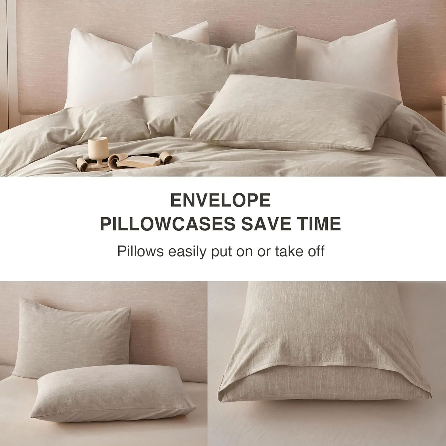 Linen Duvet Cover California King - Soft Breathable Cotton Linen Blend, 3-Pieces Bedding Set with 2 Pillowcases, Stonewashed Texture, Khaki, All-Season Comfort