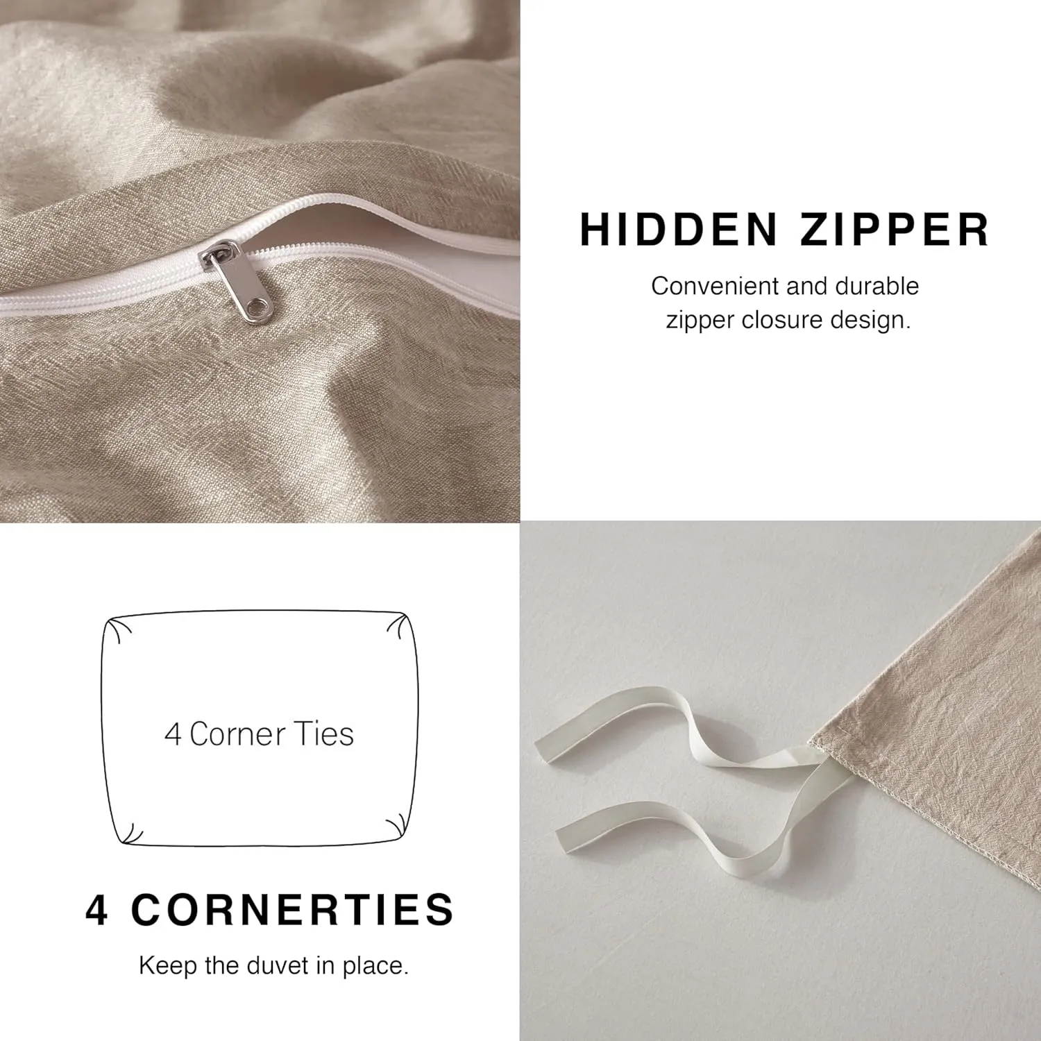 Linen Duvet Cover California King - Soft Breathable Cotton Linen Blend, 3-Pieces Bedding Set with 2 Pillowcases, Stonewashed Texture, Khaki, All-Season Comfort