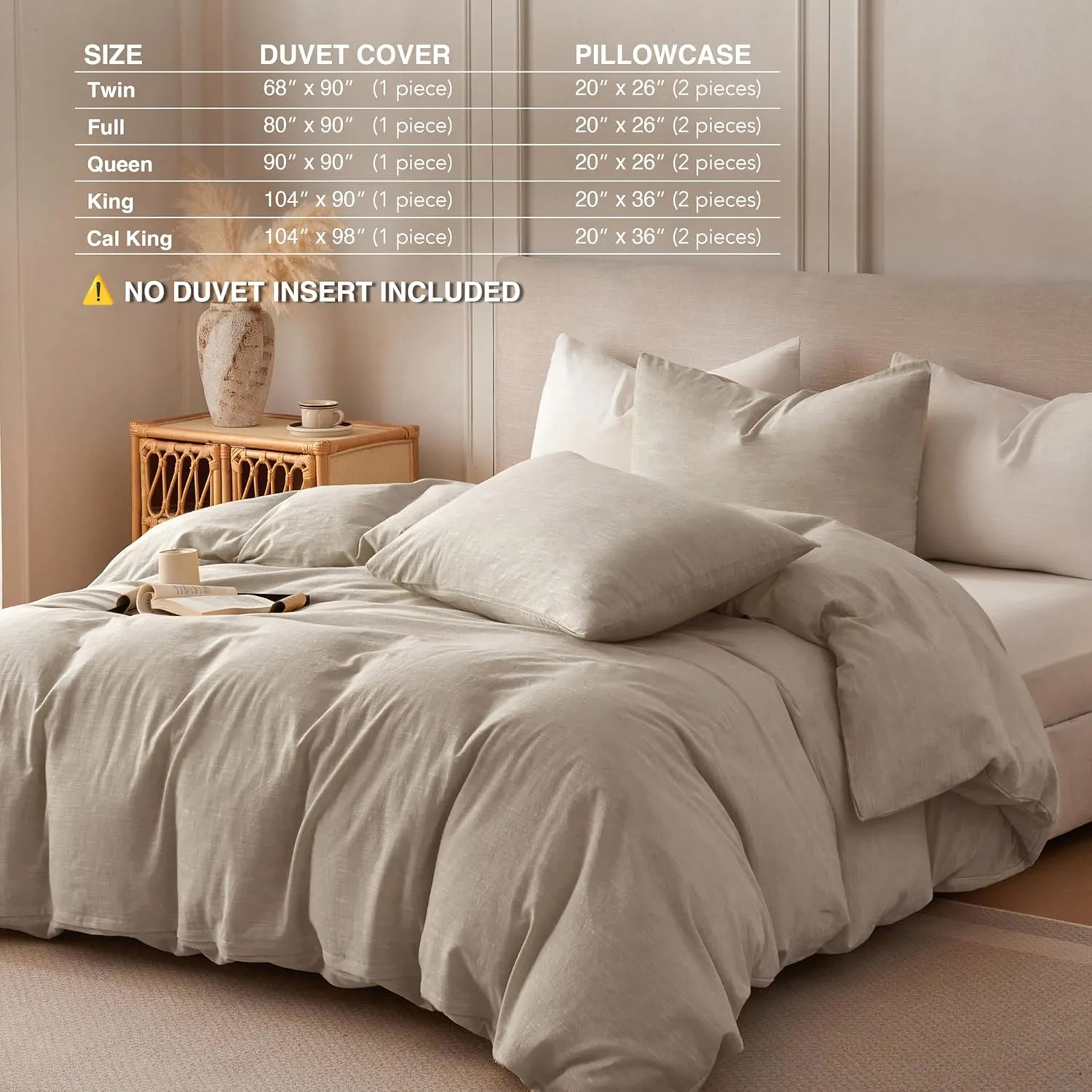 Linen Duvet Cover California King - Soft Breathable Cotton Linen Blend, 3-Pieces Bedding Set with 2 Pillowcases, Stonewashed Texture, Khaki, All-Season Comfort