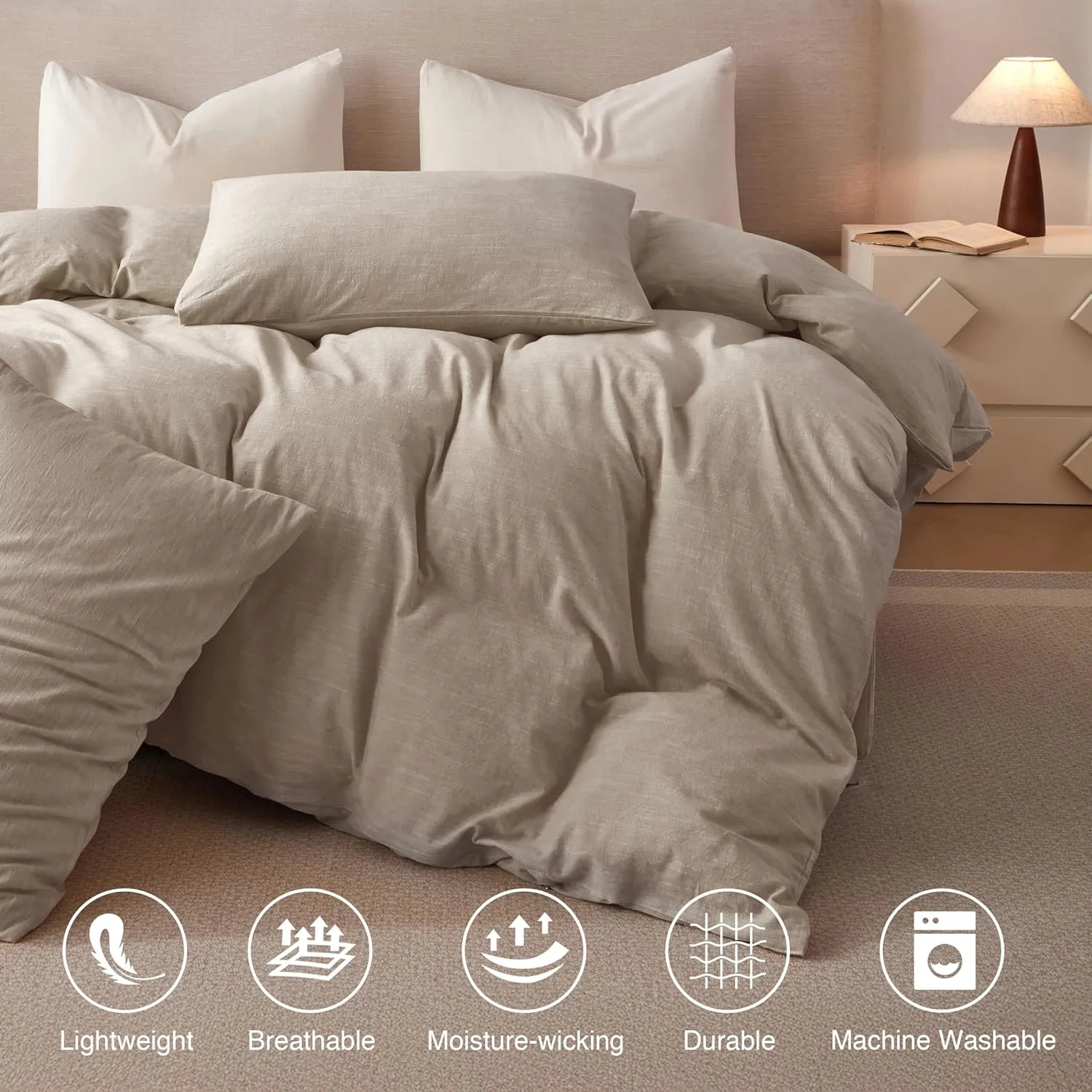 Linen Duvet Cover California King - Soft Breathable Cotton Linen Blend, 3-Pieces Bedding Set with 2 Pillowcases, Stonewashed Texture, Khaki, All-Season Comfort