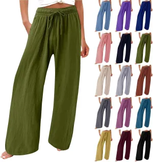 Linen Palazzo Pants for Womens 2025 Summer High Waisted Flowy Wide Leg Drawstring Casual Trousers Beach Vacation Outfits