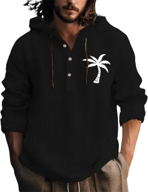Linen Shirts for Men Casual Summer Palm Tree Print Button Up Shirt Linen Hoodie Beach Long Sleeve Shirt Top with Hood