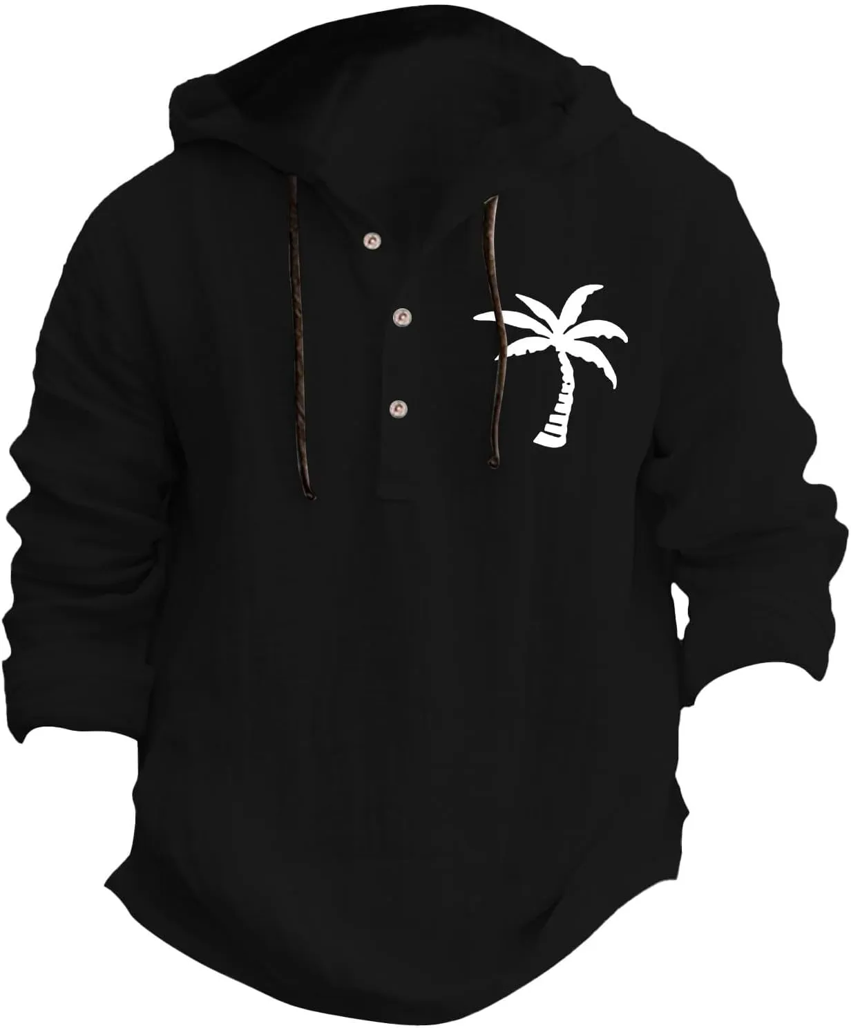 Linen Shirts for Men Casual Summer Palm Tree Print Button Up Shirt Linen Hoodie Beach Long Sleeve Shirt Top with Hood