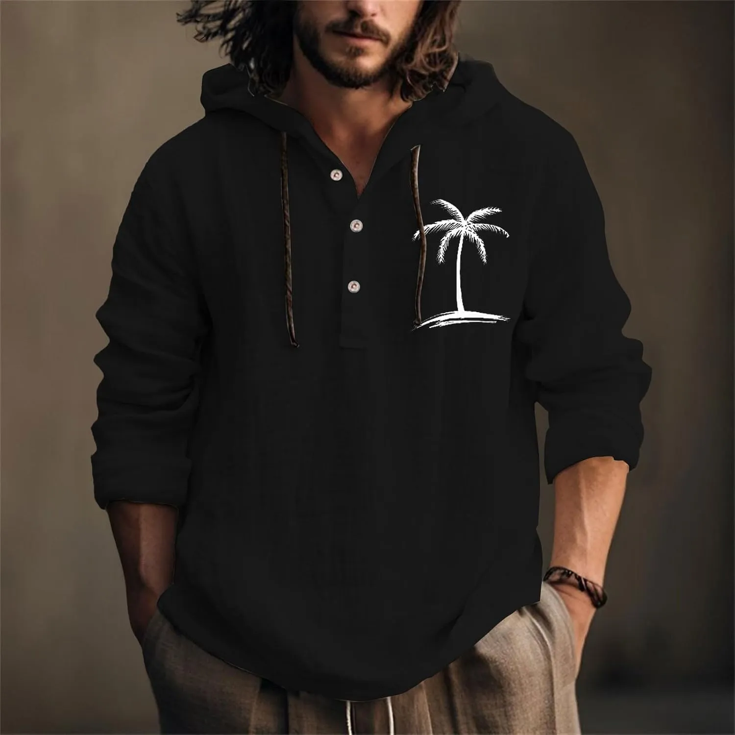 Linen Shirts for Men Casual Summer Palm Tree Print Button Up Shirt Linen Hoodie Beach Long Sleeve Shirt Top with Hood