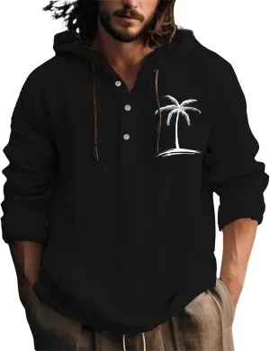 Linen Shirts for Men Casual Summer Palm Tree Print Button Up Shirt Linen Hoodie Beach Long Sleeve Shirt Top with Hood