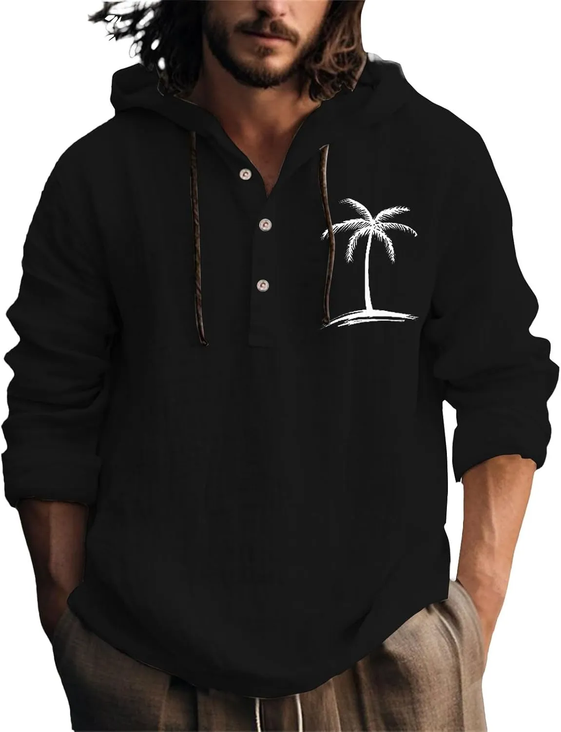 Linen Shirts for Men Casual Summer Palm Tree Print Button Up Shirt Linen Hoodie Beach Long Sleeve Shirt Top with Hood