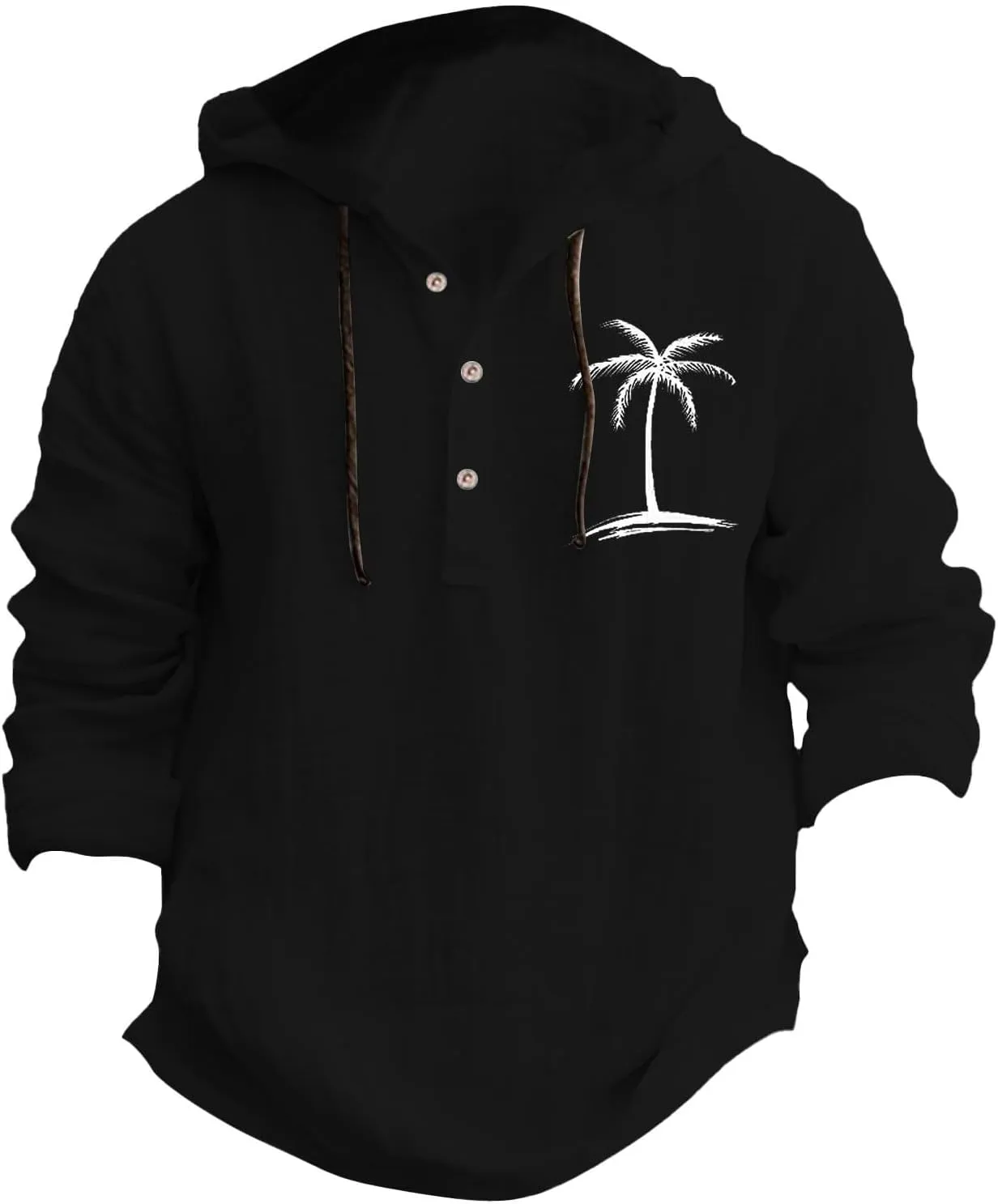 Linen Shirts for Men Casual Summer Palm Tree Print Button Up Shirt Linen Hoodie Beach Long Sleeve Shirt Top with Hood