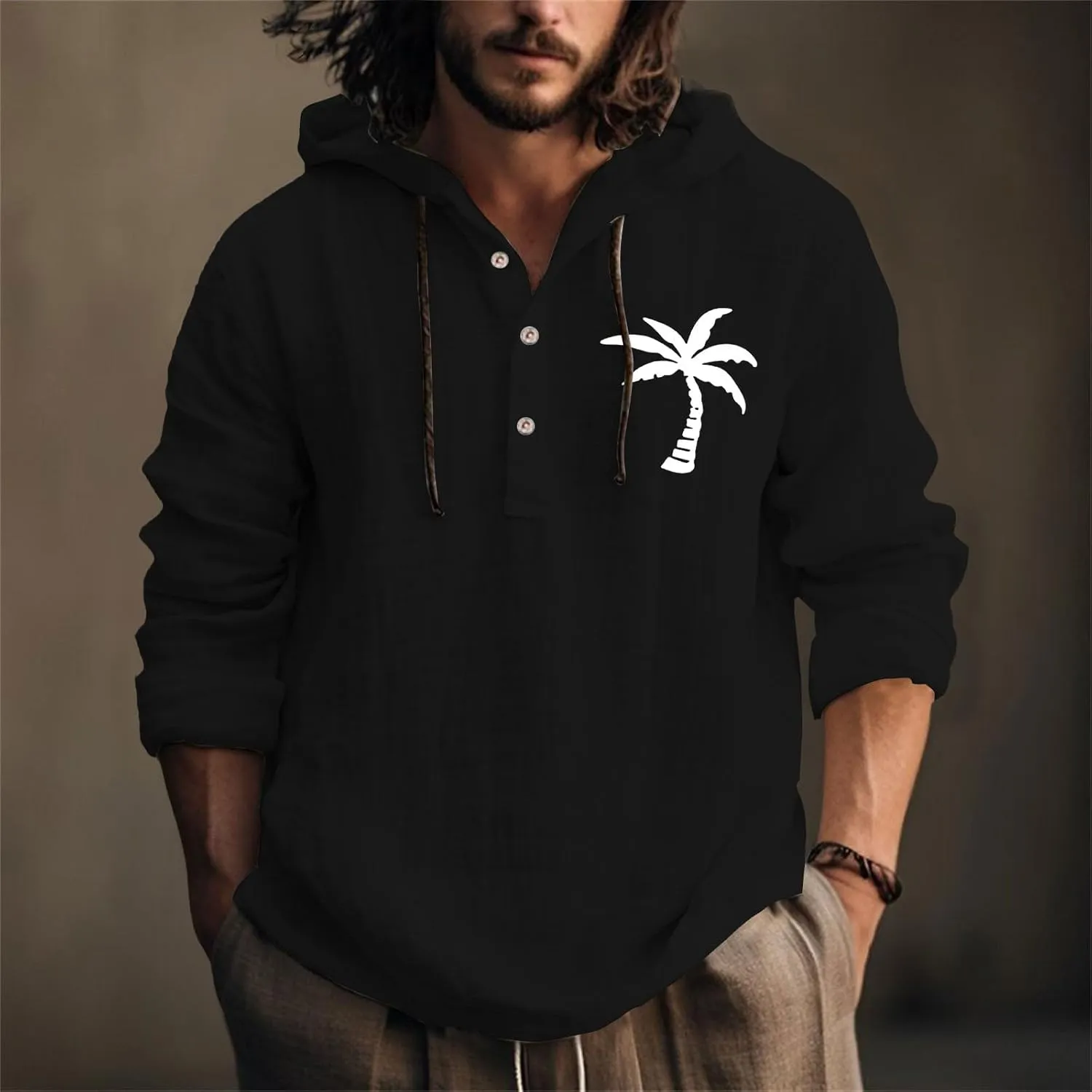 Linen Shirts for Men Casual Summer Palm Tree Print Button Up Shirt Linen Hoodie Beach Long Sleeve Shirt Top with Hood