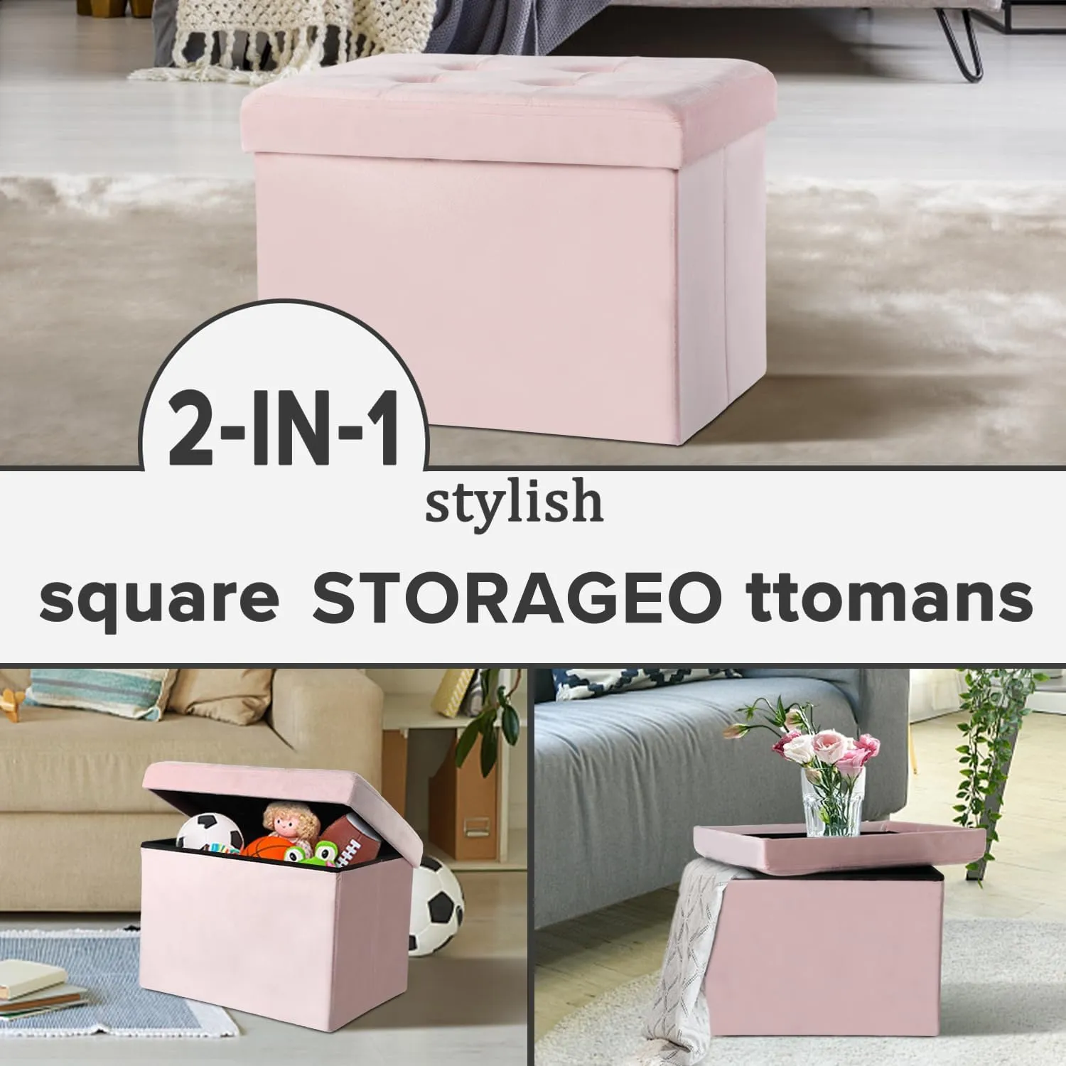 LINMAGCO Small Velvet Ottoman with Storage Rectangle Foot Rest Under Desk Stool for Room Folding Ottoman Furniture with Button turfted-Lightpink 16X12X12IN