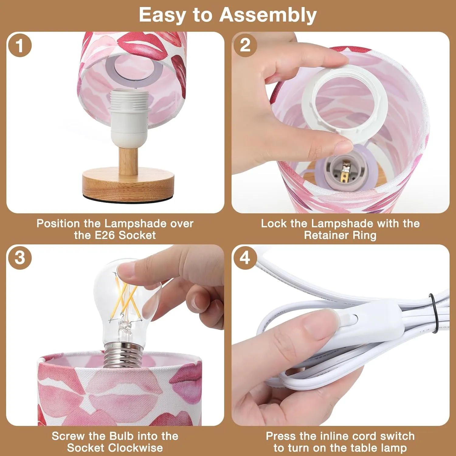 Lips Table Lamp for Bedroom - Inline Control, Small Bedside Lamp with 3000K A15 LED Blub, Easy Assembly (Lips White Shade, 9" Inline Control)