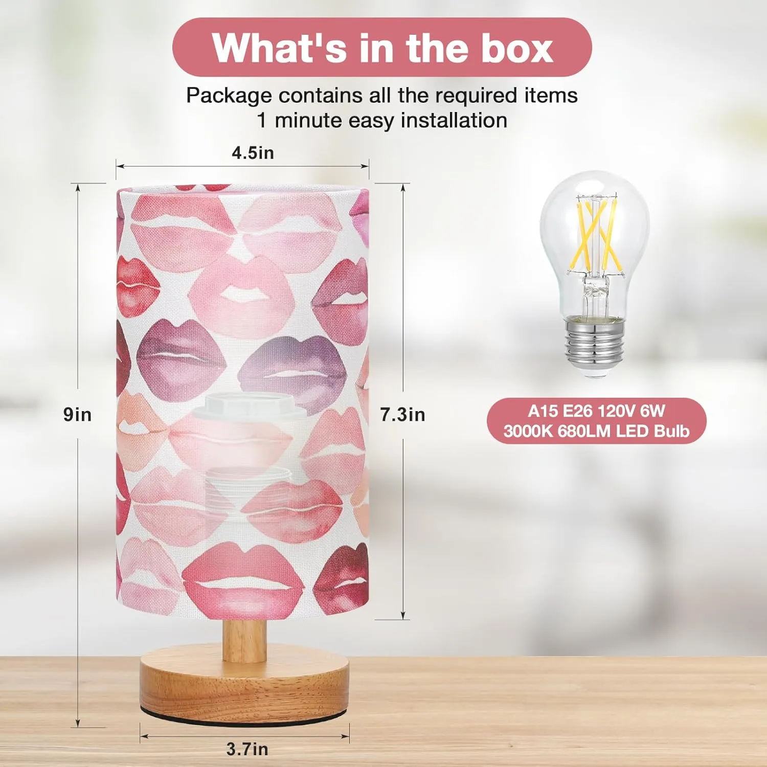 Lips Table Lamp for Bedroom - Inline Control, Small Bedside Lamp with 3000K A15 LED Blub, Easy Assembly (Lips White Shade, 9" Inline Control)