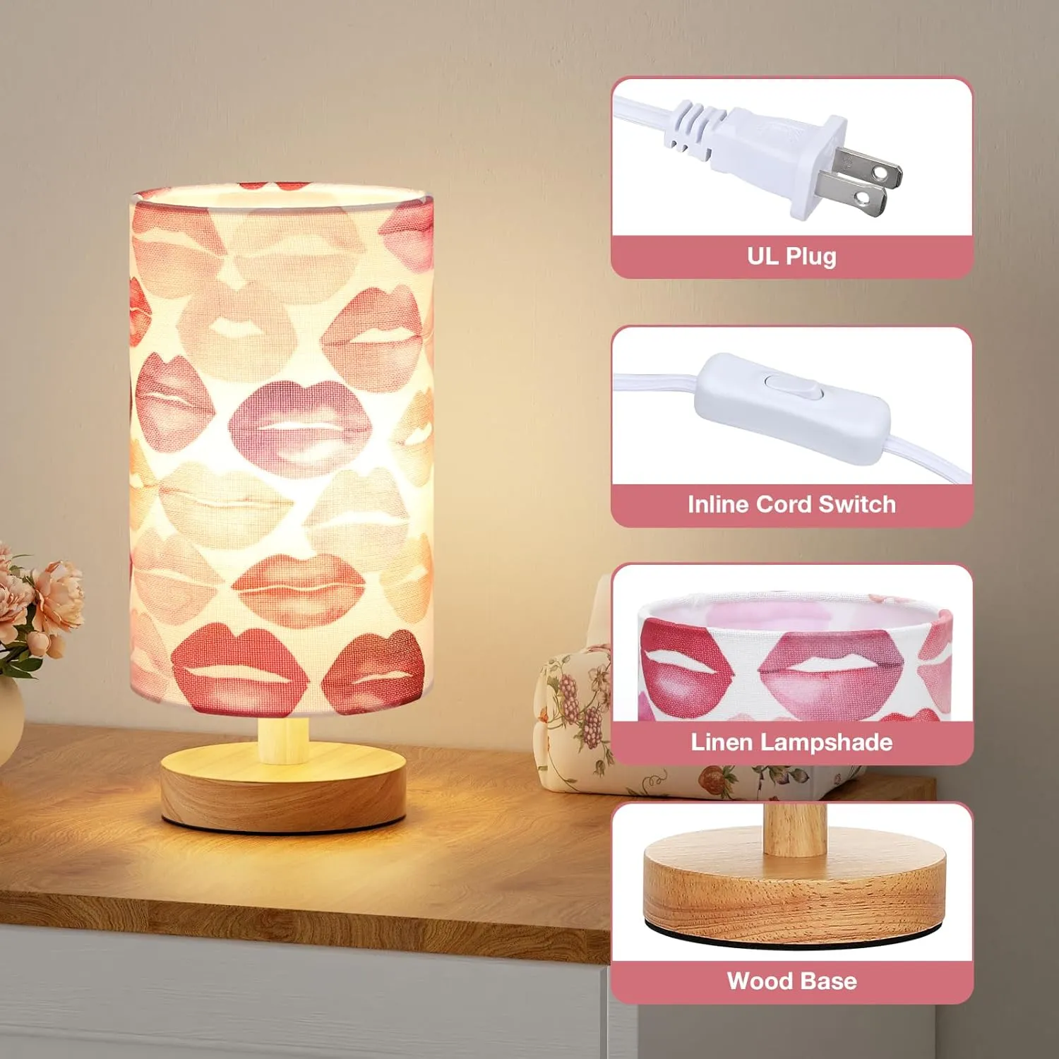 Lips Table Lamp for Bedroom - Inline Control, Small Bedside Lamp with 3000K A15 LED Blub, Easy Assembly (Lips White Shade, 9" Inline Control)
