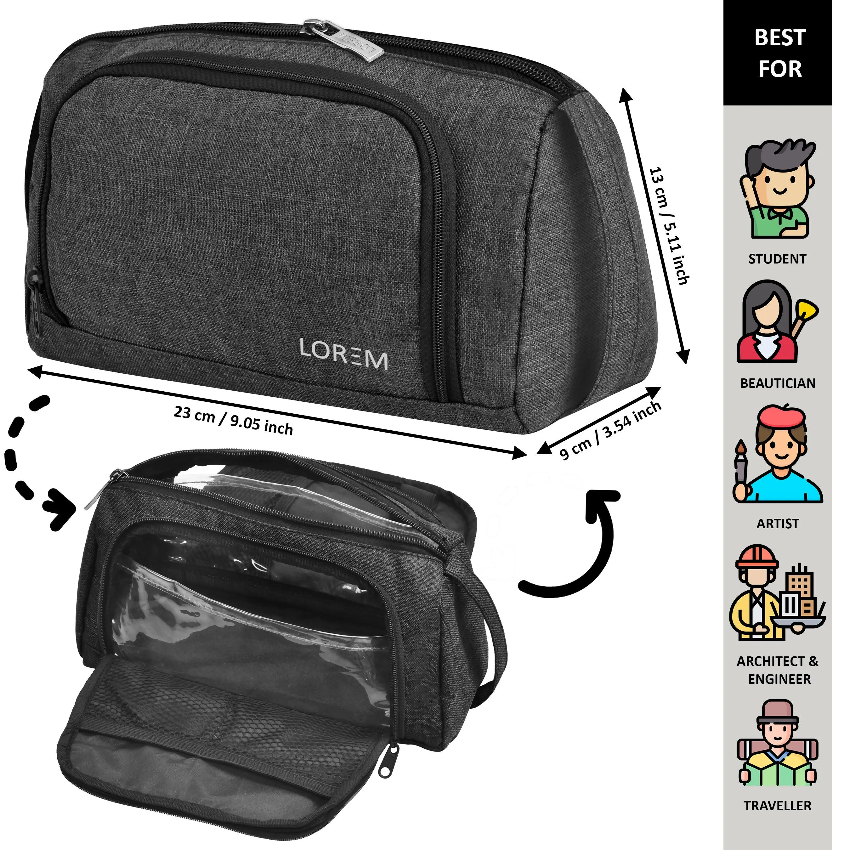 LOREM Grey Large Capacity Pencil Case with Handle - Portable Stationery and Makeup Organizer Bag for Kids, Students, and Adults - Zipper Closure