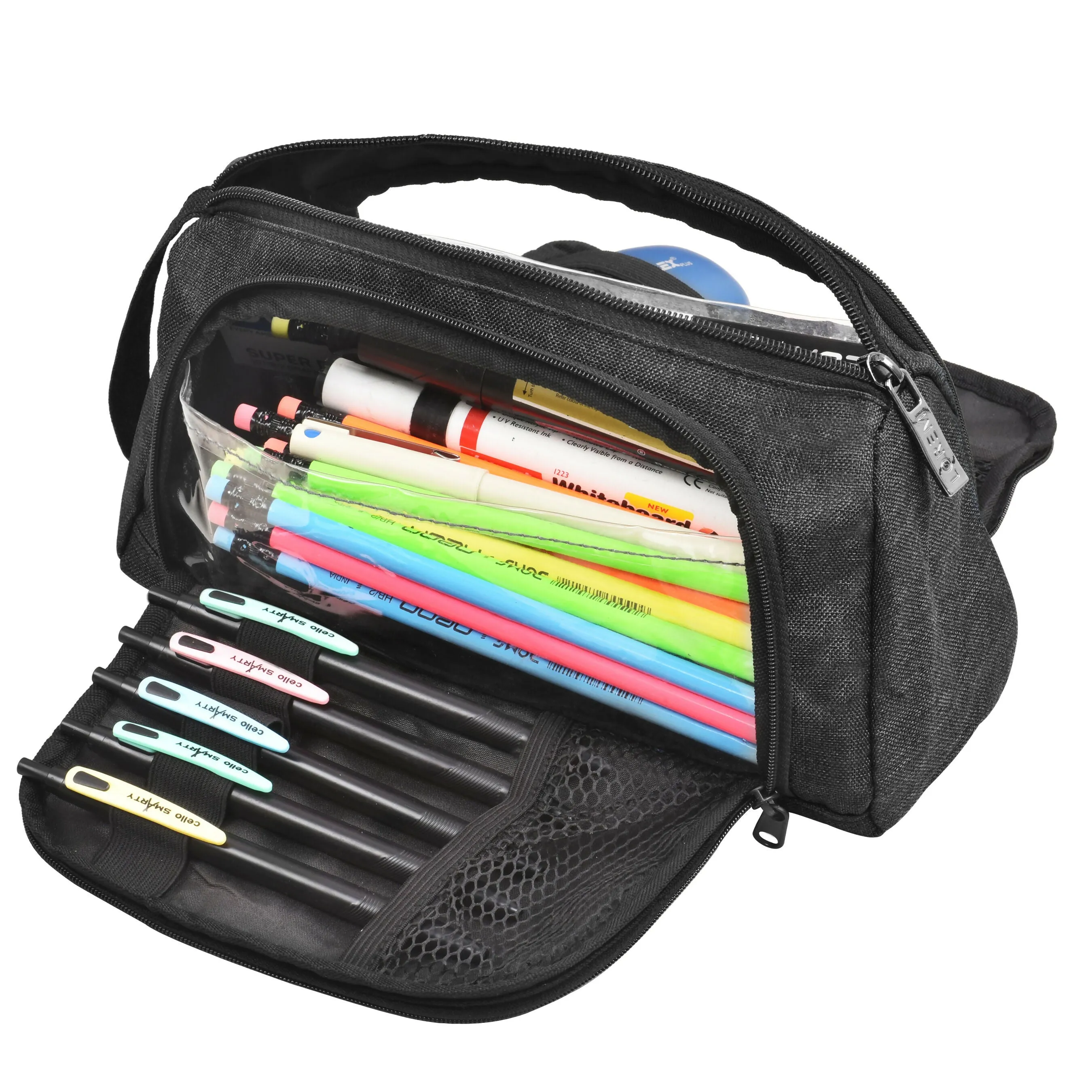 LOREM Grey Large Capacity Pencil Case with Handle - Portable Stationery and Makeup Organizer Bag for Kids, Students, and Adults - Zipper Closure