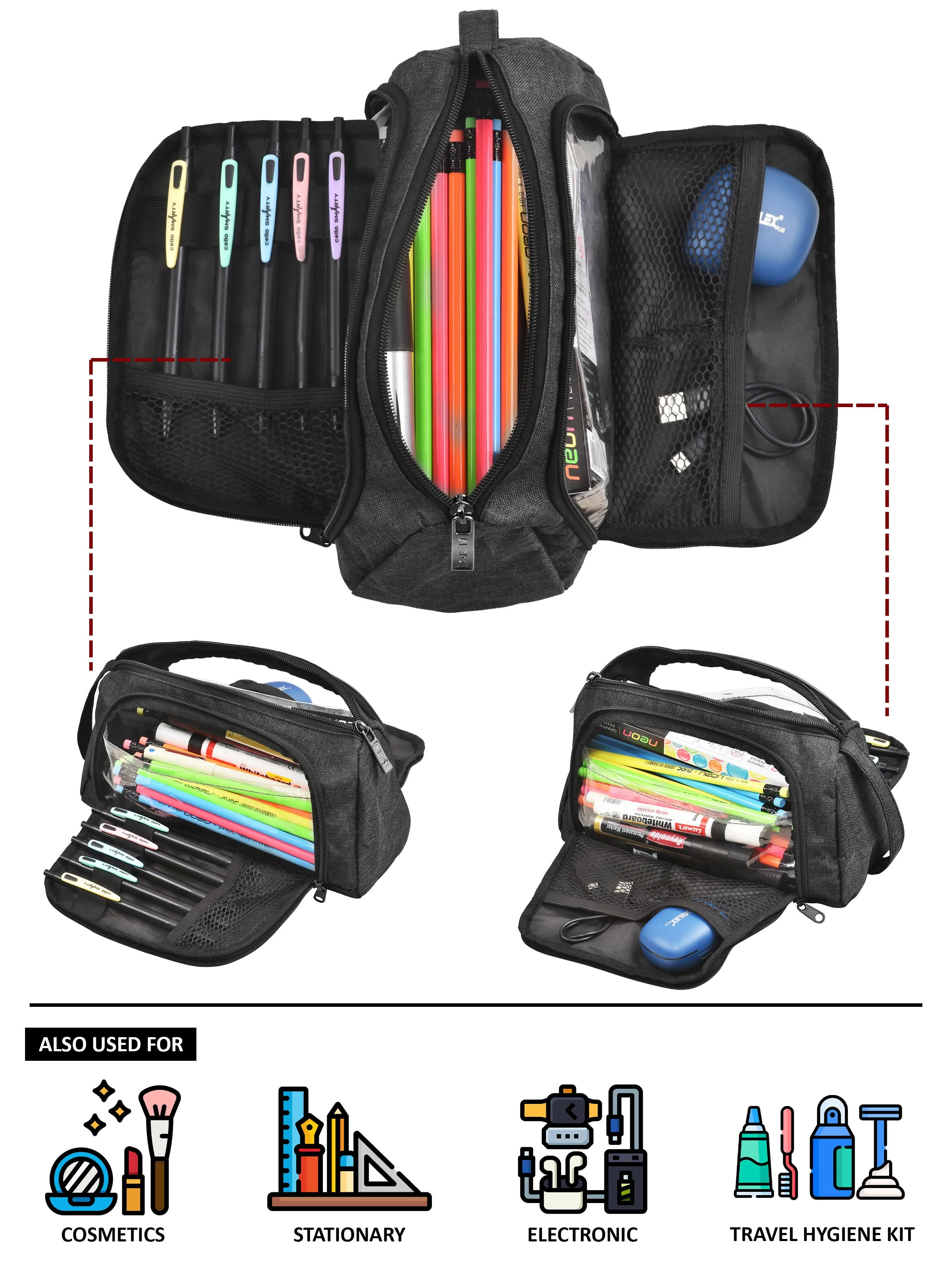 LOREM Grey Large Capacity Pencil Case with Handle - Portable Stationery and Makeup Organizer Bag for Kids, Students, and Adults - Zipper Closure