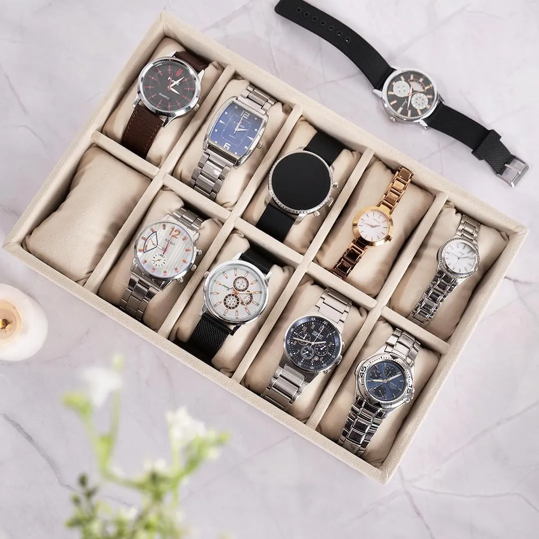 Luxury Velvet 10 Slot WATCH BRACELET Jewelry Trays for Drawer and Jewelry Storage tray Display for Watches, bracelets and Bangles and other Jewellery needs (Cream, 30*20*5 cm)