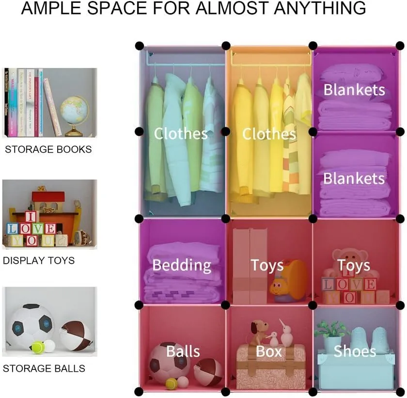 MAGINELS Children Wardrobe Closet,Baby Girl and Kids Closet with Door, Cute Protable Cube Storage Clothes,Dresser for Bedroom,Pink,8 Cube(14x14inch)