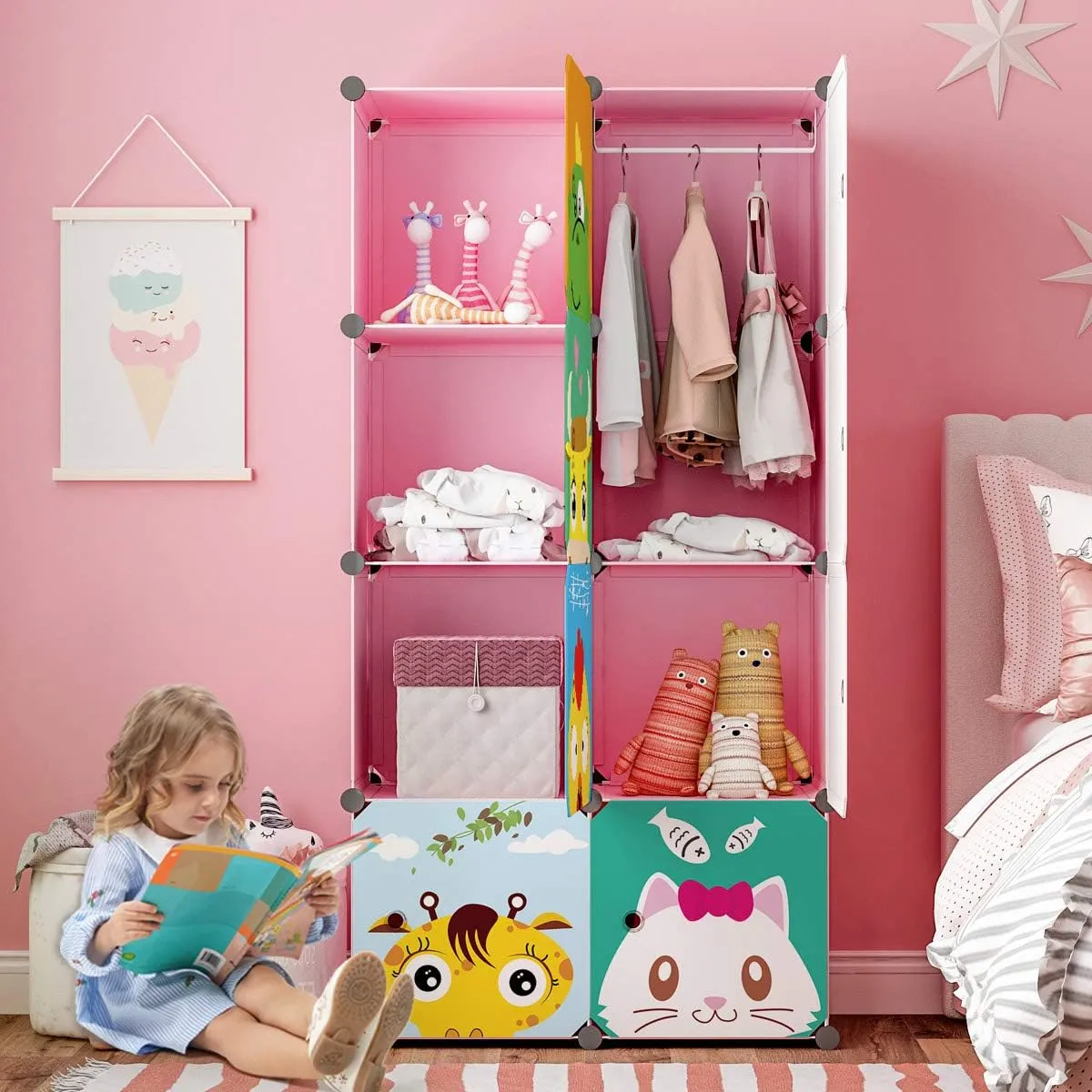 MAGINELS Children Wardrobe Closet,Baby Girl and Kids Closet with Door, Cute Protable Cube Storage Clothes,Dresser for Bedroom,Pink,8 Cube(14x14inch)