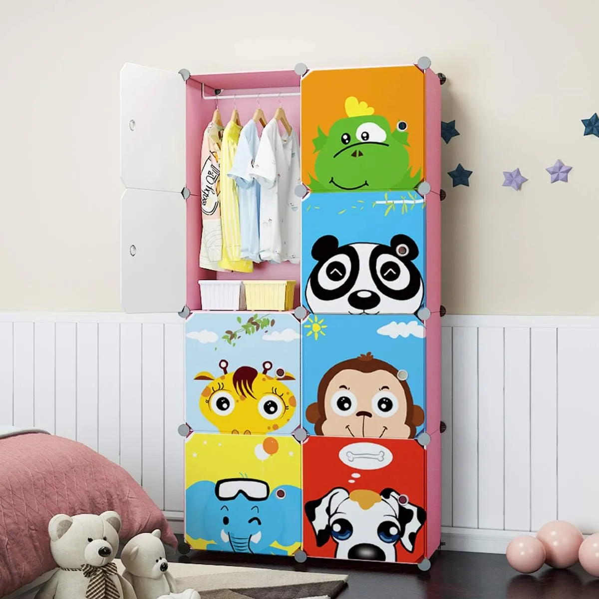 MAGINELS Children Wardrobe Closet,Baby Girl and Kids Closet with Door, Cute Protable Cube Storage Clothes,Dresser for Bedroom,Pink,8 Cube(14x14inch)