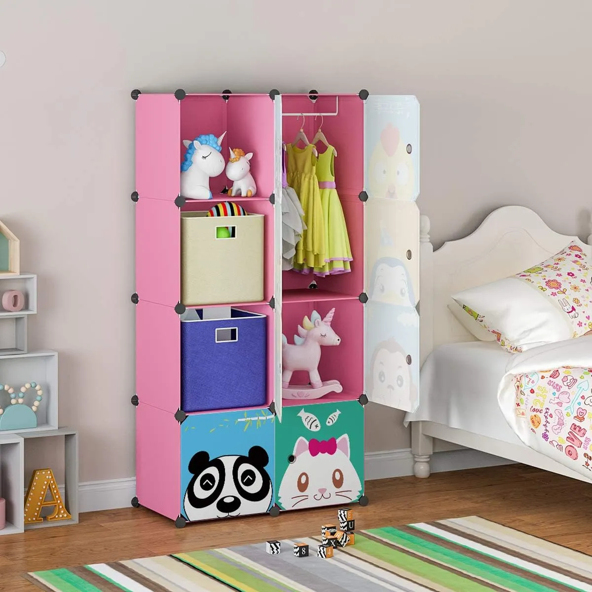 MAGINELS Children Wardrobe Closet,Baby Girl and Kids Closet with Door, Cute Protable Cube Storage Clothes,Dresser for Bedroom,Pink,8 Cube(14x14inch)