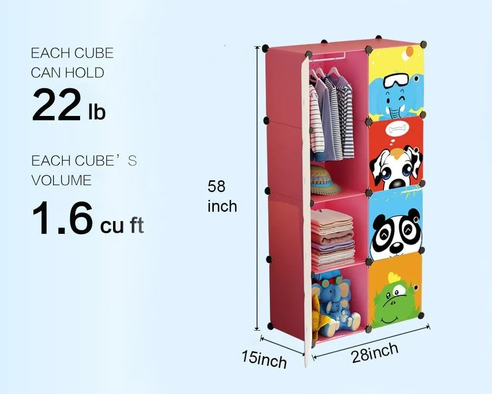 MAGINELS Children Wardrobe Closet,Baby Girl and Kids Closet with Door, Cute Protable Cube Storage Clothes,Dresser for Bedroom,Pink,8 Cube(14x14inch)