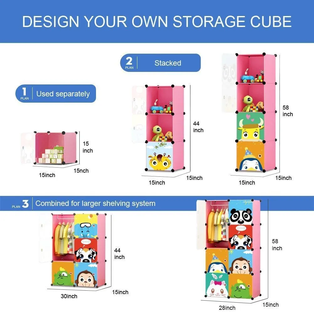 MAGINELS Children Wardrobe Closet,Baby Girl and Kids Closet with Door, Cute Protable Cube Storage Clothes,Dresser for Bedroom,Pink,8 Cube(14x14inch)