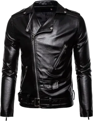 Male Motorcycle Racer Jackets Lapel Asymmetric Zip-Up Coats Casual Belted Motor Jacket All-Weather Riding