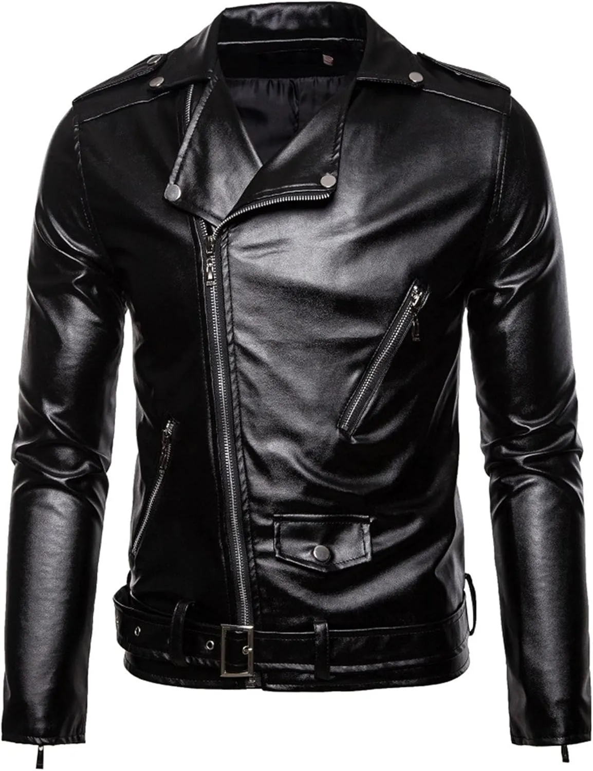 Male Motorcycle Racer Jackets Lapel Asymmetric Zip-Up Coats Casual Belted Motor Jacket All-Weather Riding