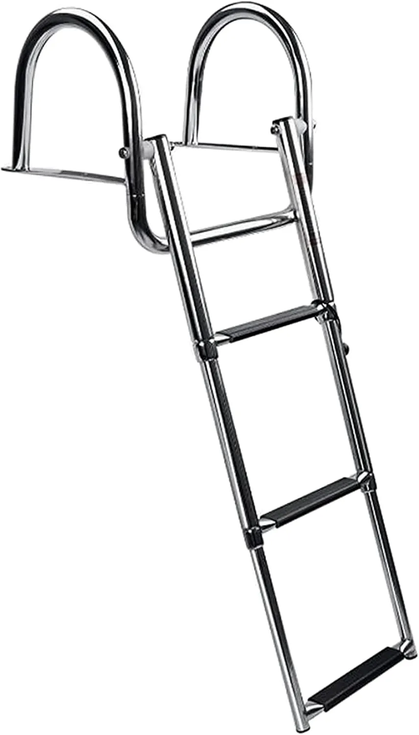 MARINE CITY 3-Step Folding Telescoping Boat Ladder, 304 Grade Stainless Steel, Durable and Sturdy Swim Platform with Comfortable Handrails for Boats, Marines, Ships, Yachts