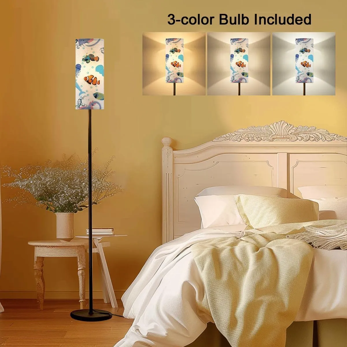 Marine life fish animals bright seamless pattern sea travel underwater Modern Floor Lamp Minimalist Standing Lamps for Living Room LED Corner Lamp Remote Control Metal Pole Lamp for Bedroom, Reading