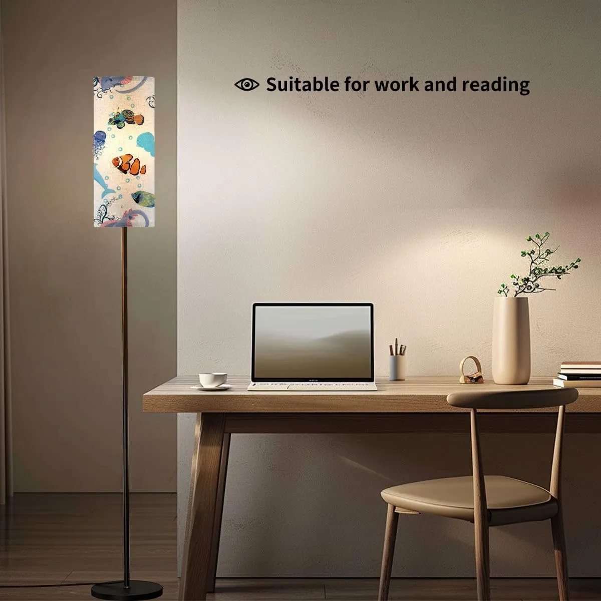 Marine life fish animals bright seamless pattern sea travel underwater Modern Floor Lamp Minimalist Standing Lamps for Living Room LED Corner Lamp Remote Control Metal Pole Lamp for Bedroom, Reading