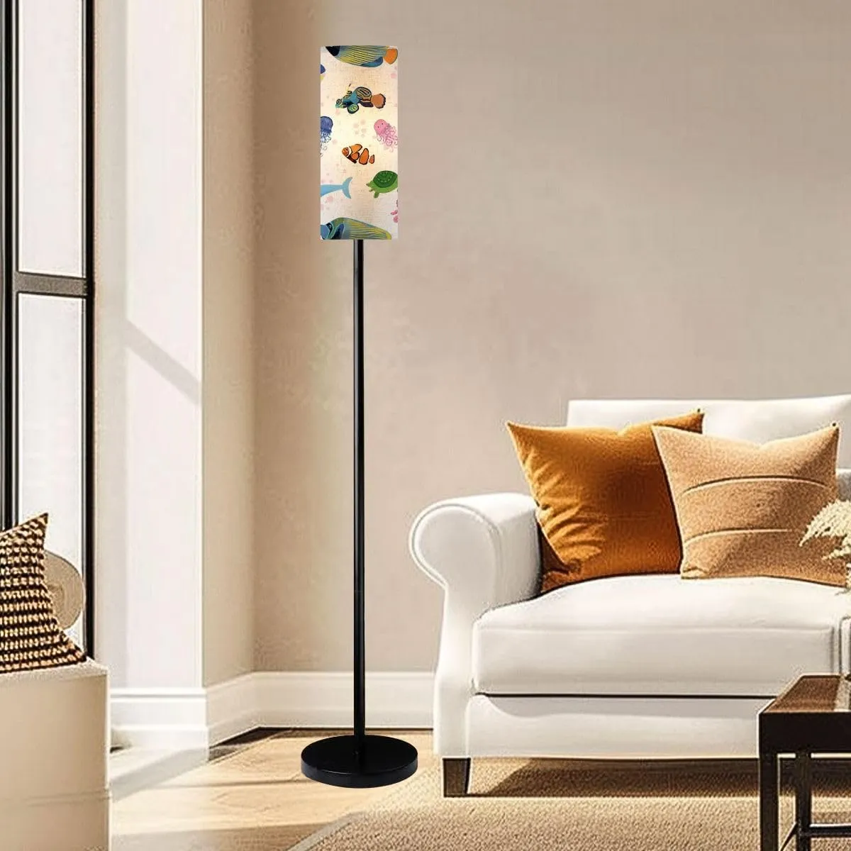 Marine life fish animals bright seamless pattern sea underwater diving Modern Floor Lamp Minimalist Standing Lamps for Living Room LED Corner Lamp Remote Control Metal Pole Lamp for Bedroom, Reading