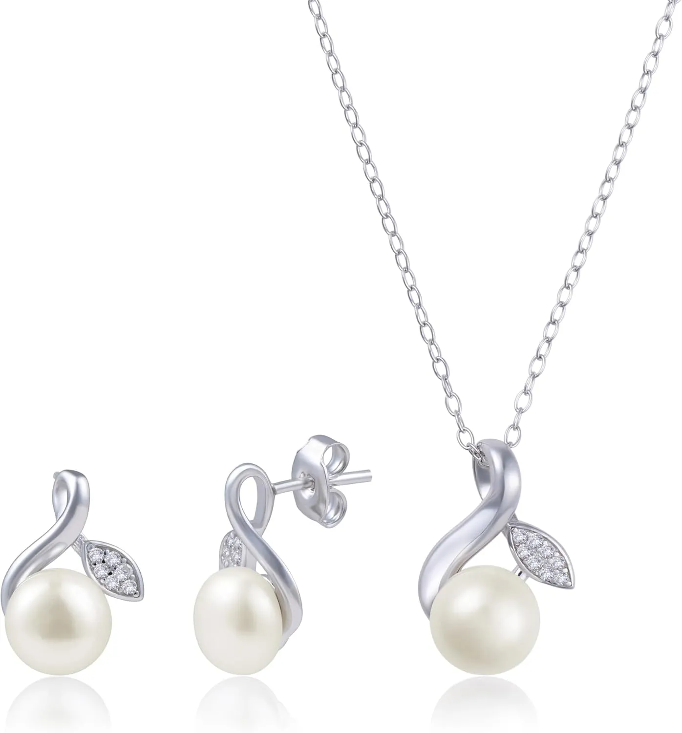 MAX   STONE Sterling Silver Pearl Jewelry Set with Diamonds | Real Freshwater Pearl Earrings, Ring & Necklace for Women | Diamond Pearl Earrings Necklace Set