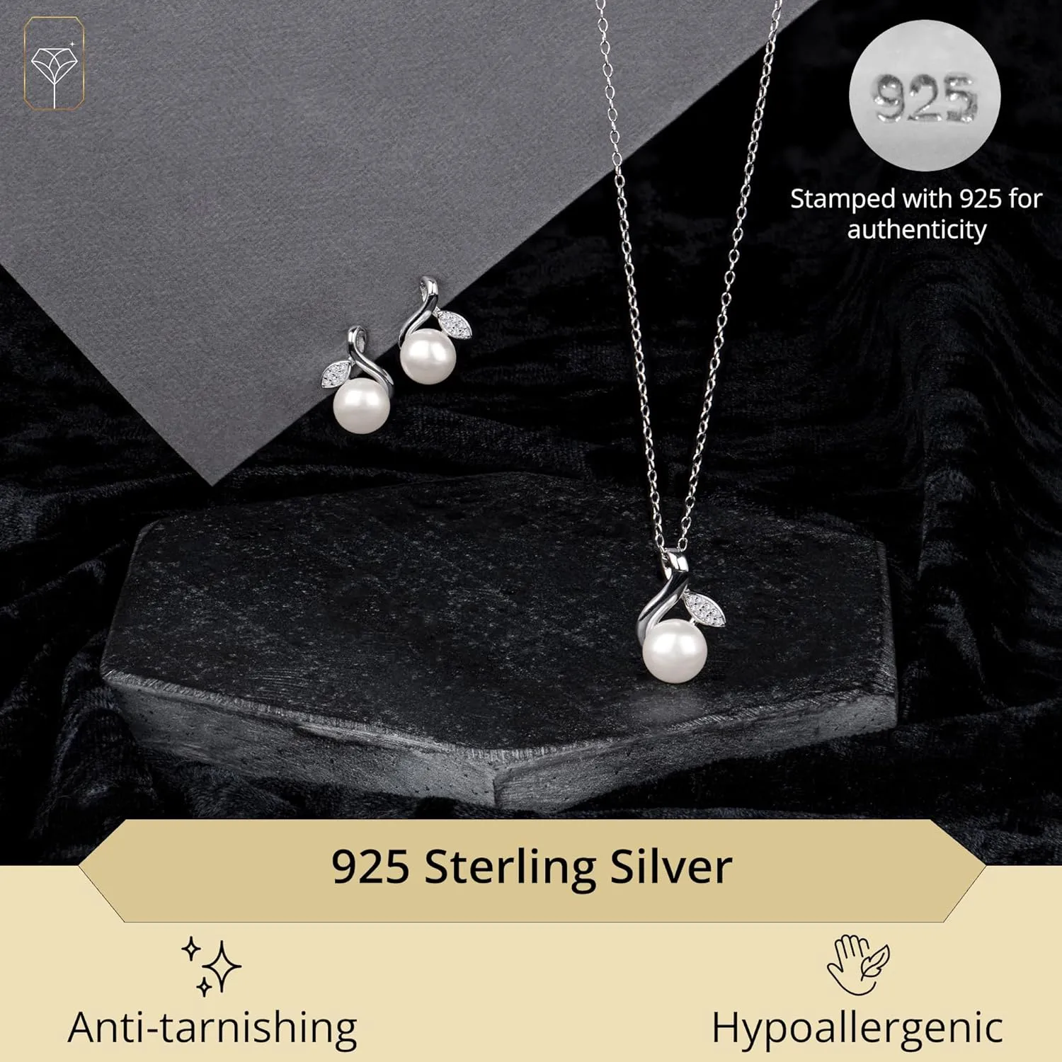 MAX   STONE Sterling Silver Pearl Jewelry Set with Diamonds | Real Freshwater Pearl Earrings, Ring & Necklace for Women | Diamond Pearl Earrings Necklace Set