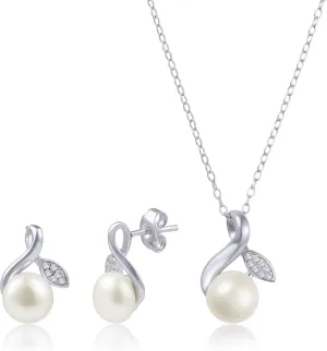 MAX   STONE Sterling Silver Pearl Jewelry Set with Diamonds | Real Freshwater Pearl Earrings, Ring & Necklace for Women | Diamond Pearl Earrings Necklace Set