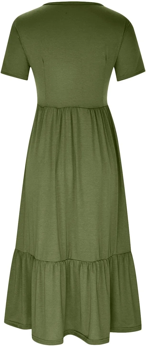 Maxi Dresses for Women 2025 Plus Size Short Sleeve Tiered Ruffle Dress Summer Causal Crewneck Tshirt Dress Pockets