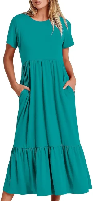 Maxi Dresses for Women 2025 Plus Size Short Sleeve Tiered Ruffle Dress Summer Causal Crewneck Tshirt Dress Pockets
