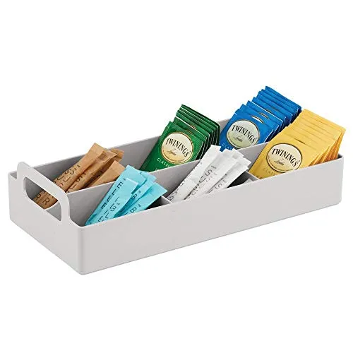 mDesign Compact Plastic Tea Storage Organizer Caddy Tote Bin - 6 Divided Sections, Built-in Handles - Holder for Tea Bags, Packets, Sweeteners, and Small Packets, 2 Pack - Light Gray