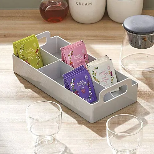 mDesign Compact Plastic Tea Storage Organizer Caddy Tote Bin - 6 Divided Sections, Built-in Handles - Holder for Tea Bags, Packets, Sweeteners, and Small Packets, 2 Pack - Light Gray