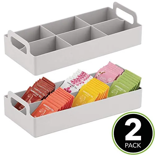 mDesign Compact Plastic Tea Storage Organizer Caddy Tote Bin - 6 Divided Sections, Built-in Handles - Holder for Tea Bags, Packets, Sweeteners, and Small Packets, 2 Pack - Light Gray