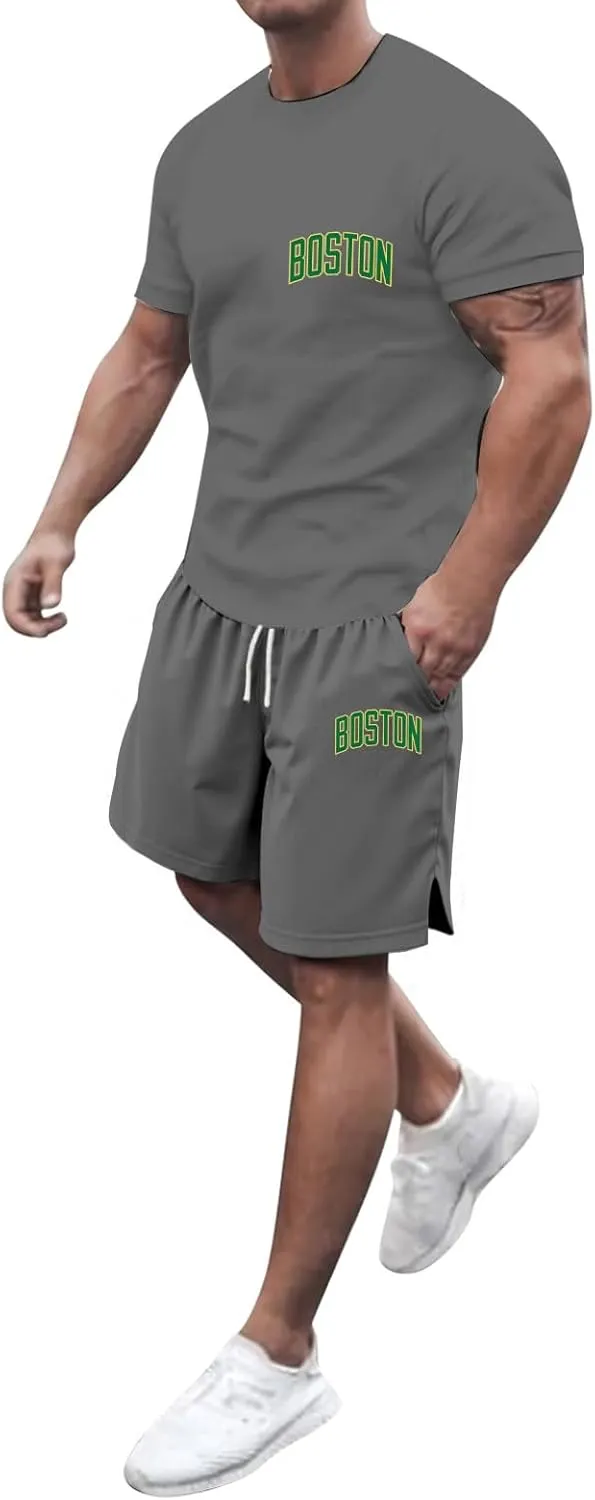 Men'S 2 Piece Summer Outfits Boston Letter Print Fashion Jogging Tracksuits Crew Neck Short Sleeve & Shorts Gym Sets