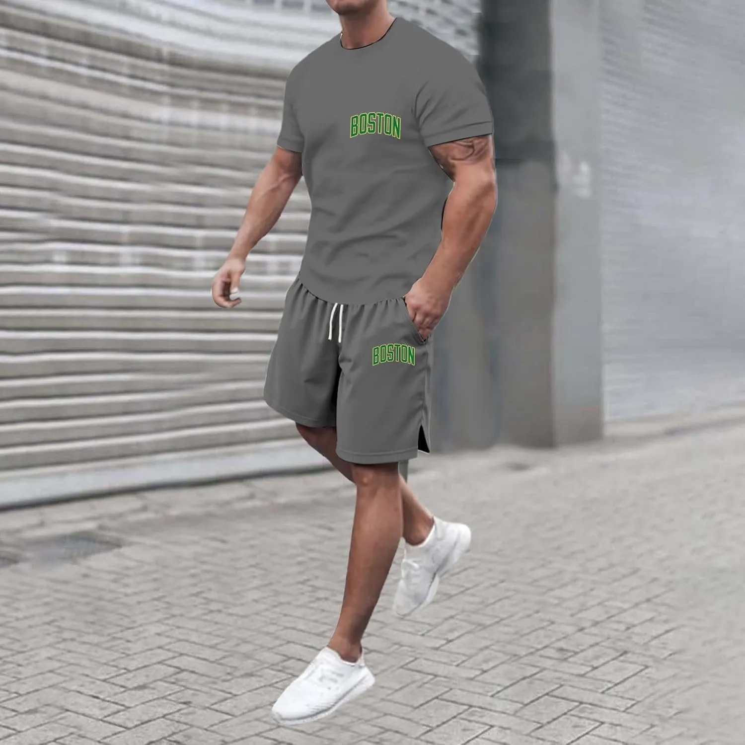 Men'S 2 Piece Summer Outfits Boston Letter Print Fashion Jogging Tracksuits Crew Neck Short Sleeve & Shorts Gym Sets