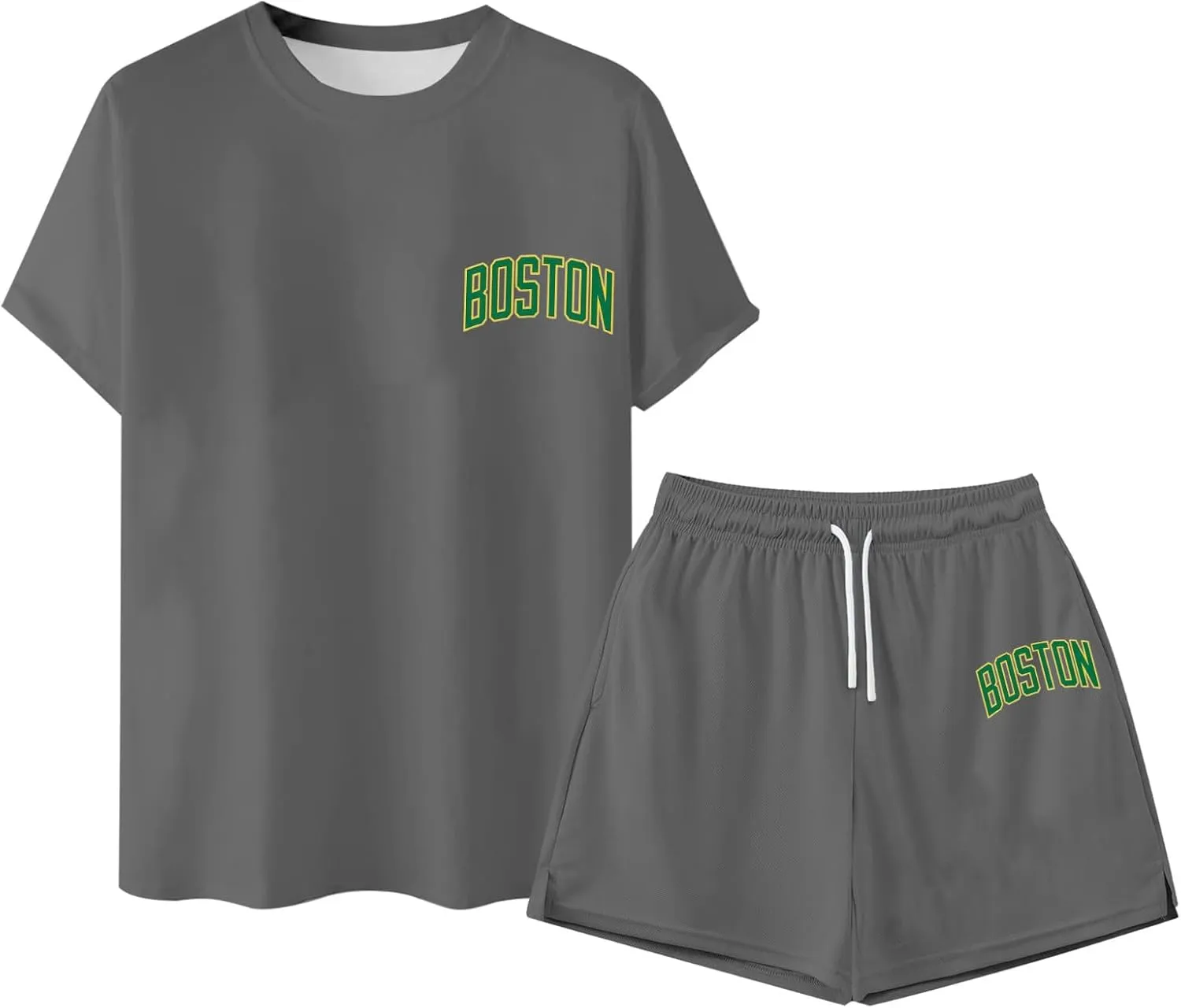 Men'S 2 Piece Summer Outfits Boston Letter Print Fashion Jogging Tracksuits Crew Neck Short Sleeve & Shorts Gym Sets