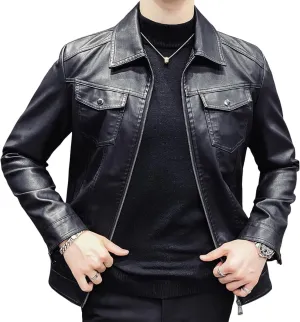 Men's Button Design Soft Leather Jacket Classic Lapel Car Moto Leathers Coat Male PU Outercoat Shirt Style Collar