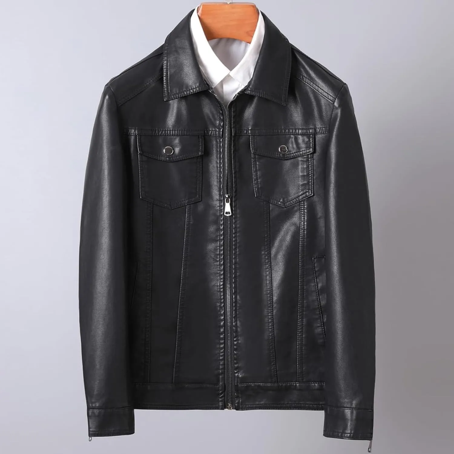Men's Button Design Soft Leather Jacket Classic Lapel Car Moto Leathers Coat Male PU Outercoat Shirt Style Collar
