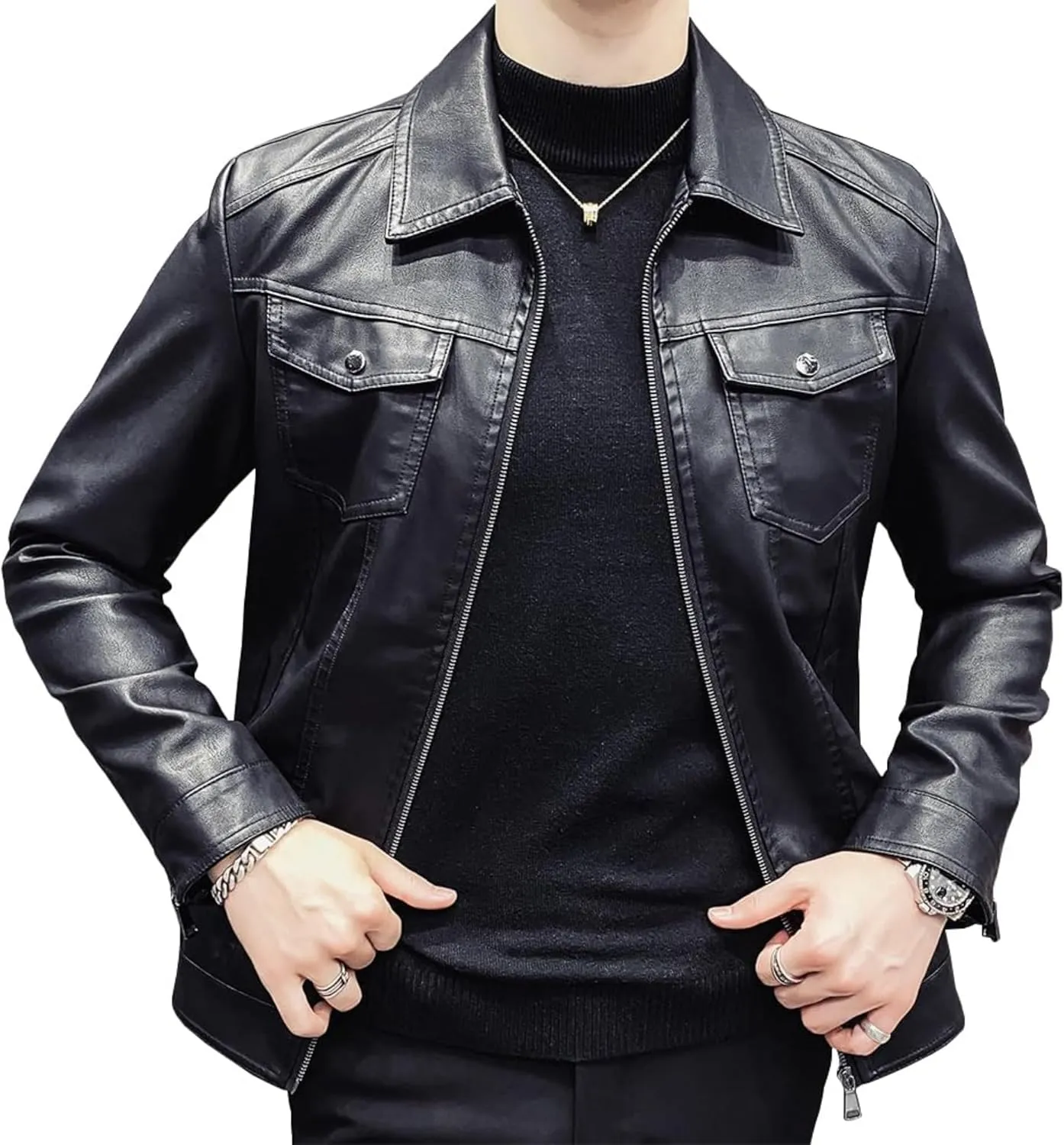 Men's Button Design Soft Leather Jacket Classic Lapel Car Moto Leathers Coat Male PU Outercoat Shirt Style Collar